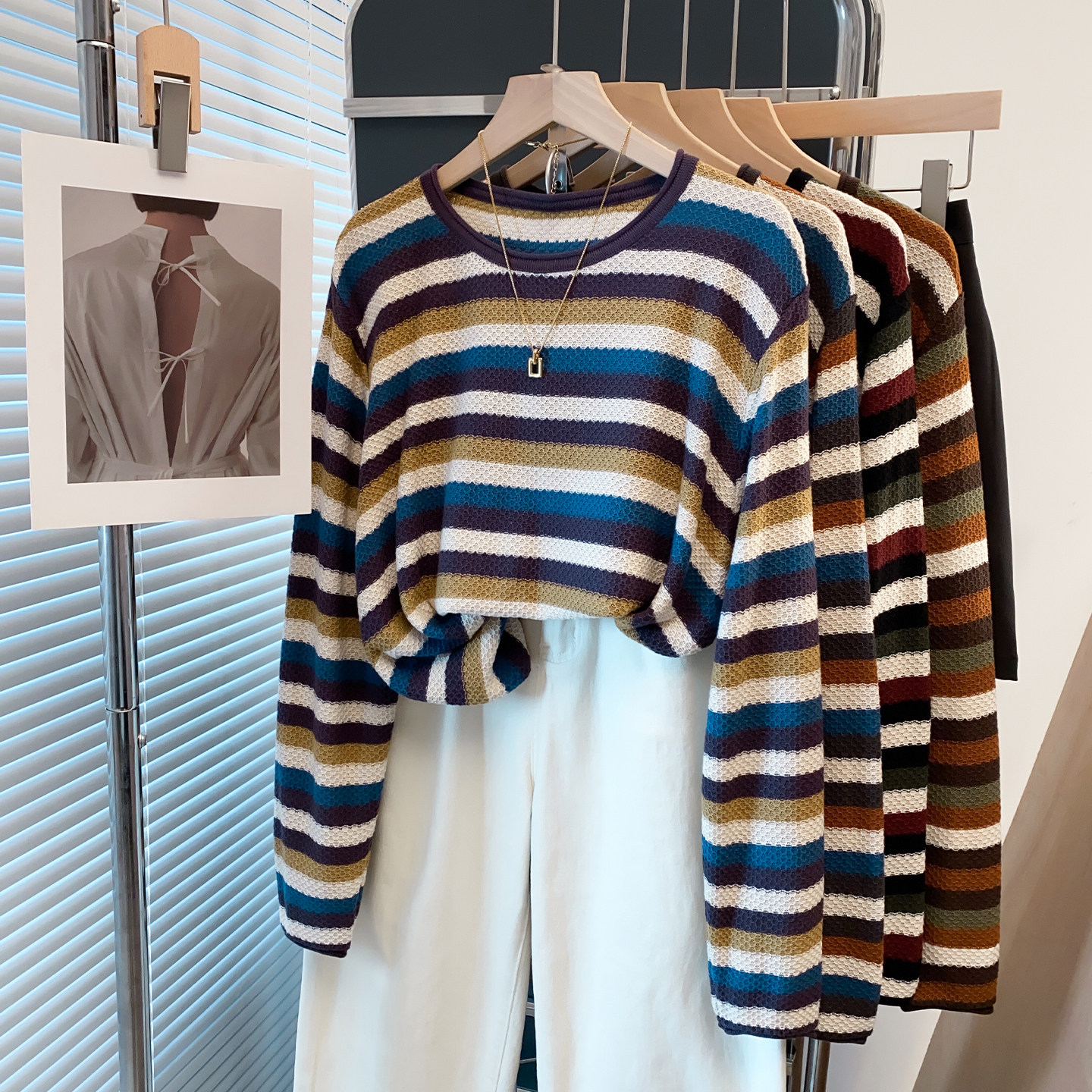 条纹圆领毛衣女套头2025秋冬新款宽松慵懒风内搭打底衫外穿针织衫,女装/女士精品,毛针织衫,淘宝优惠券,粉丝福利购,淘宝优惠卷