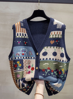 v领针织开衫马甲背心女2025秋冬新款宽松外穿马夹涂鸦毛衣坎肩