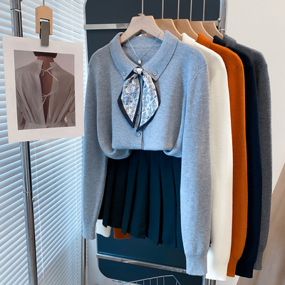 羊毛丝巾polo领针织开衫女毛衣潮