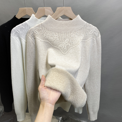 一体绒蕾丝半高领毛衣加绒打底衫