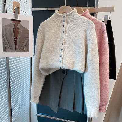 羊毛开衫半高领毛衣女针织开衫潮