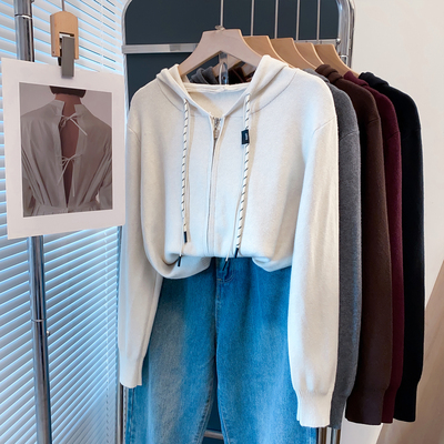 连帽拉链毛衣女宽松厚打底针织衫