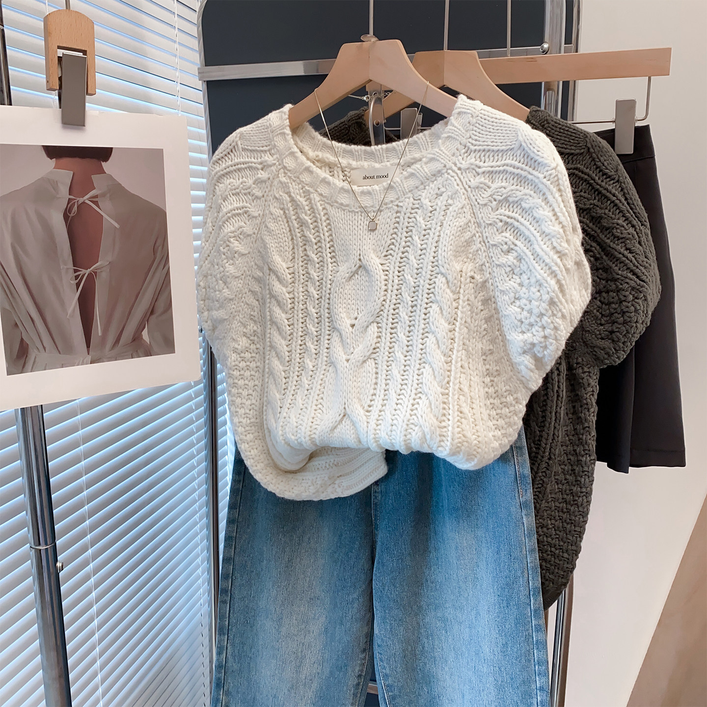 麻花圆领毛衣女短袖套头2026春夏新款宽松外穿针织衫内搭插肩上衣