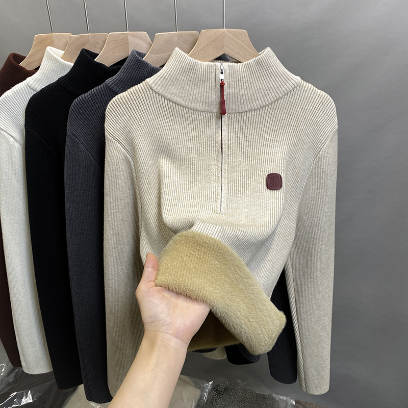一体绒拉链半高领毛衣加绒打底衫