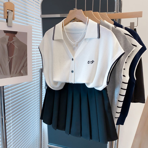 polo领绣花落肩针织衫薄短袖T恤