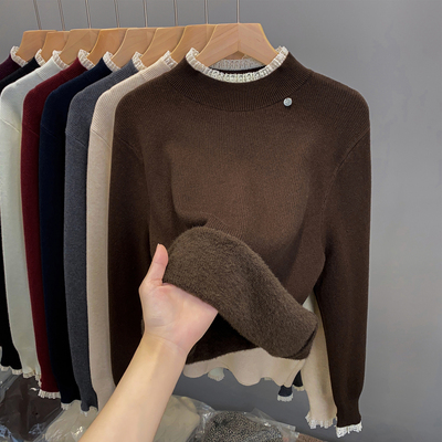 一体绒半高领蕾丝毛衣加绒打底衫