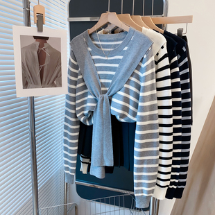 长袖 宽松针织衫 上衣 2026春秋新款 条纹圆领披肩假两件毛衣女打底衫