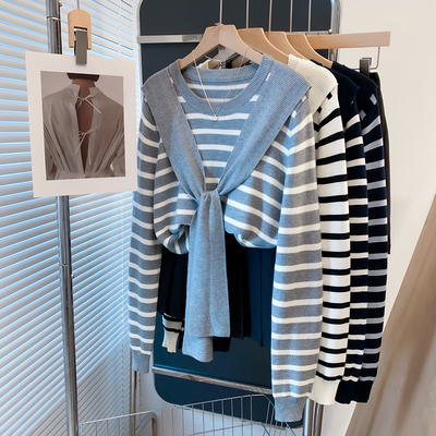 羊毛条纹披肩假两件女毛衣打底衫