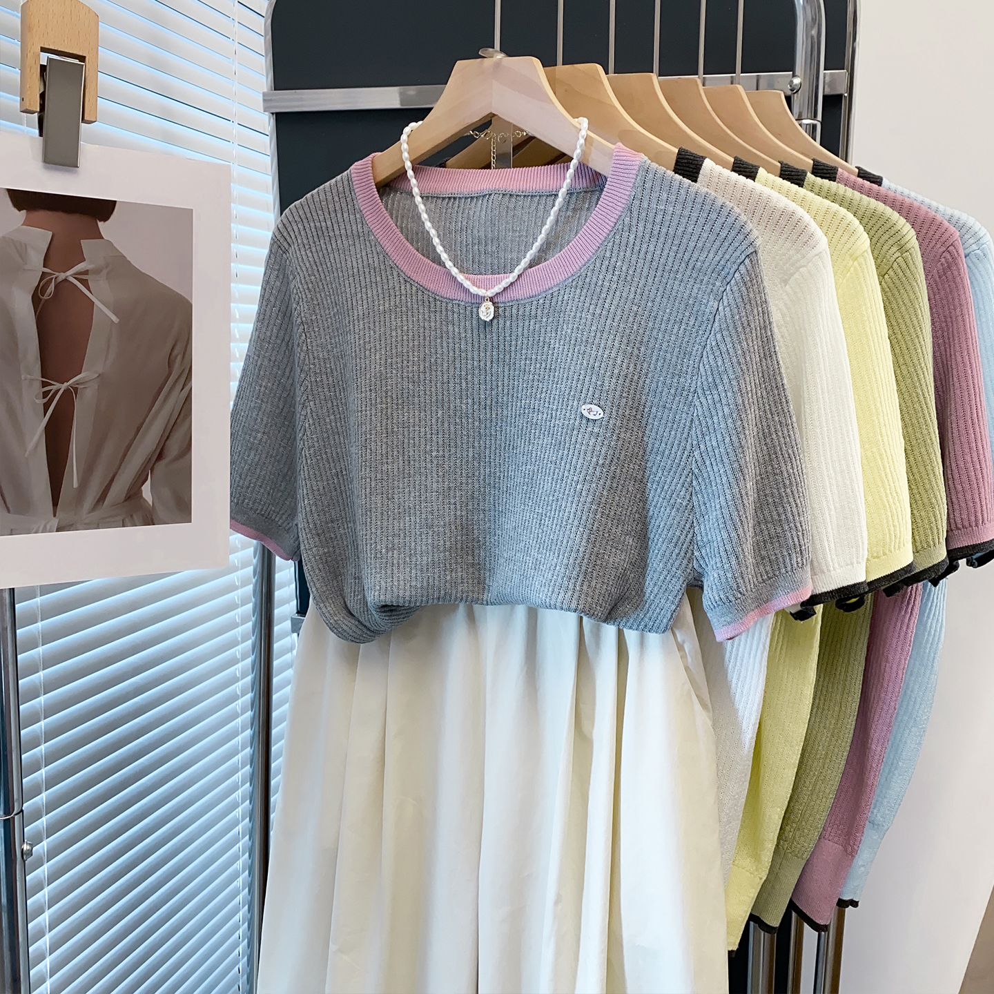 珍珠麻拼色针织衫宽松薄短袖T恤