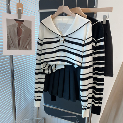 海军领条纹针织衫莱赛尔天丝上衣