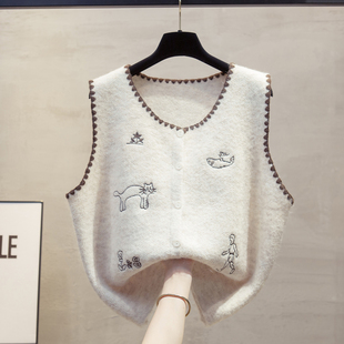 绣花圆领针织开衫马甲背心女2025秋冬新款宽松外穿马夹毛衣坎肩潮