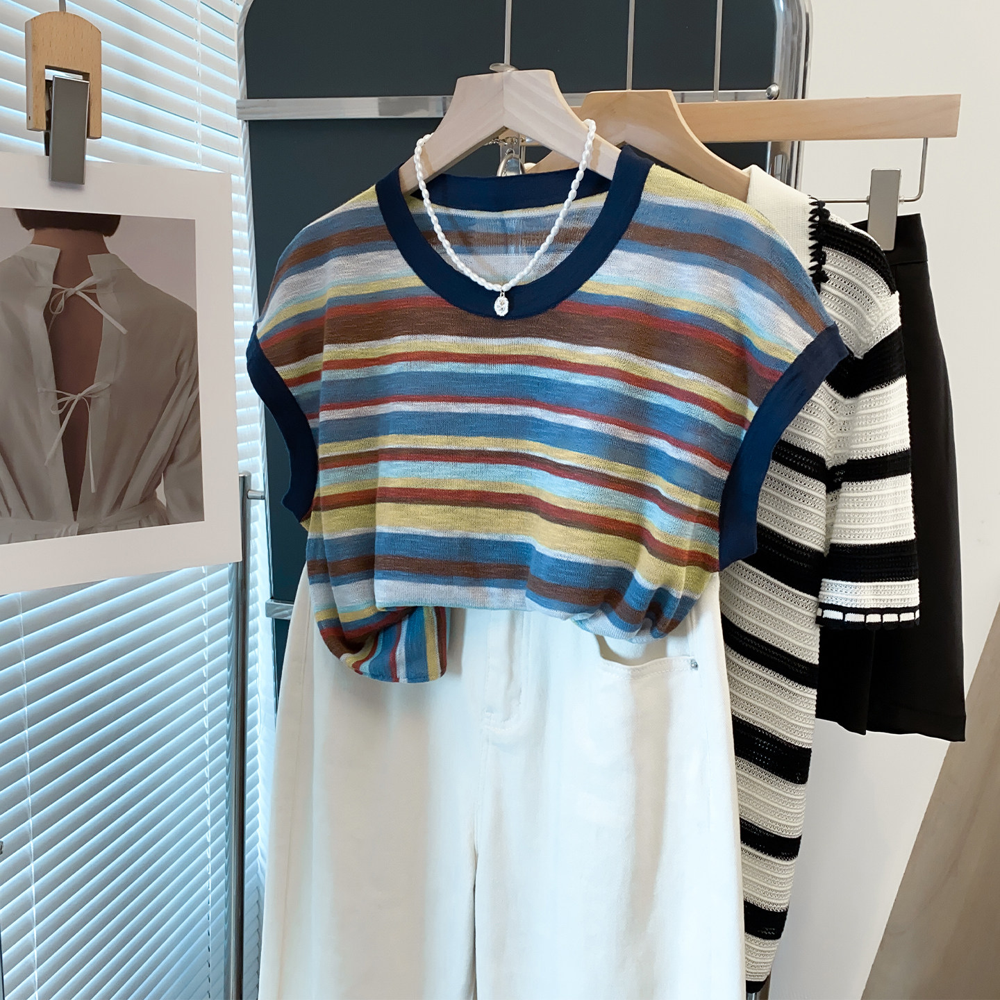 条纹竹节麻针织衫宽松薄短袖T恤