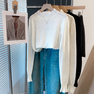 蕾丝半高领毛衣女喇叭袖打底衫2025秋冬新款宽松针织衫内搭上衣潮