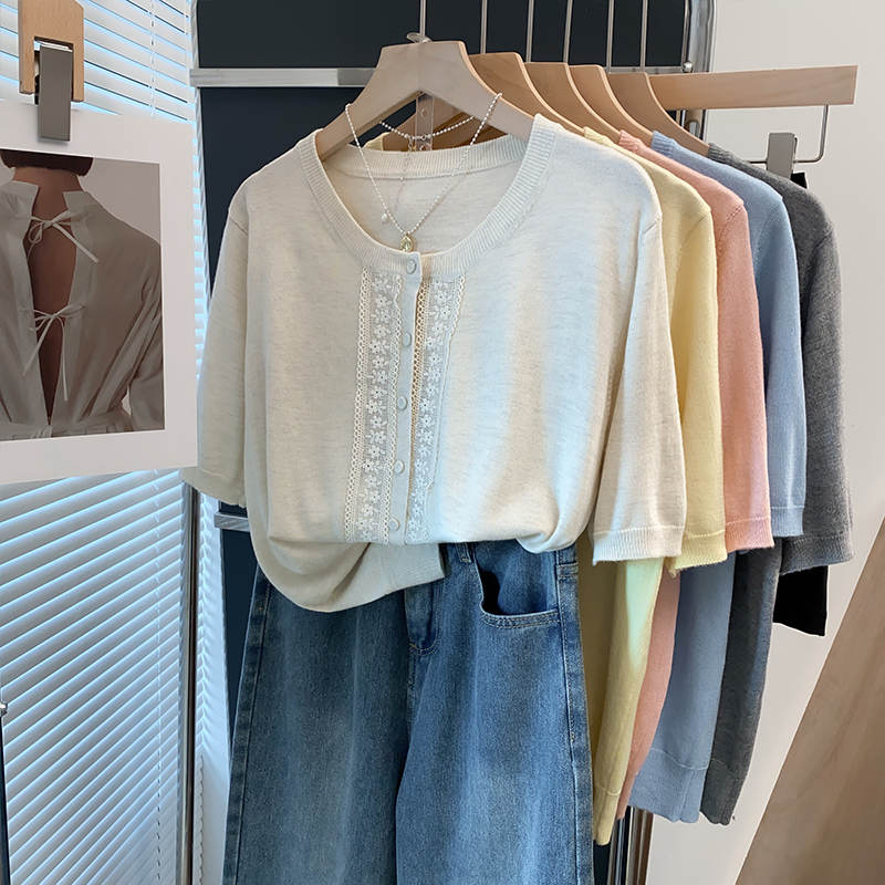 桑蚕丝羊毛针织开衫女蕾丝t恤衫