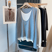 宽松外穿上衣条纹针织衫 圆领毛衣女假两件内搭打底衫 2025秋冬新款