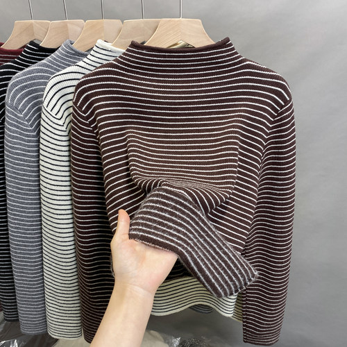 一体绒半高领毛衣加绒条纹打底衫