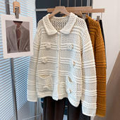 宽松上衣慵懒风镂空针织开衫 手工花polo领毛衣外套女2026春装 新款