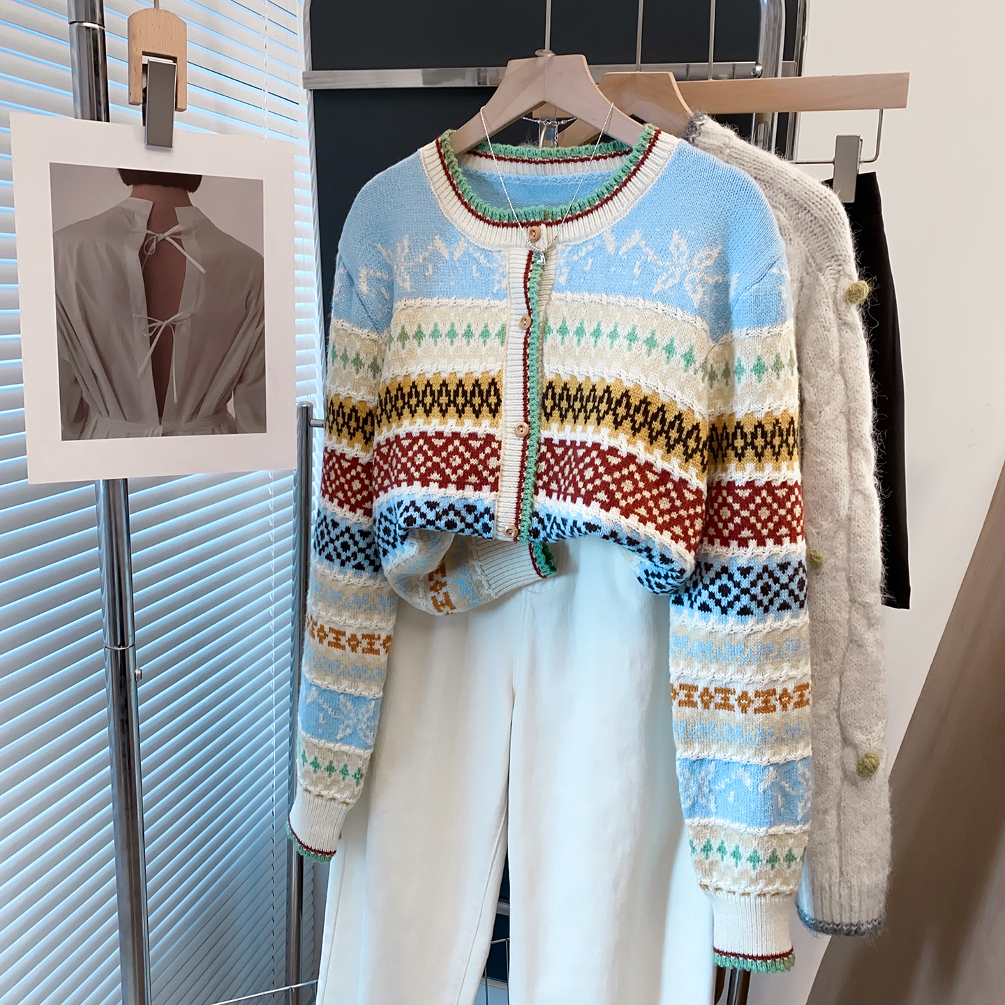 羊毛毛衣外套女宽松条纹针织开衫