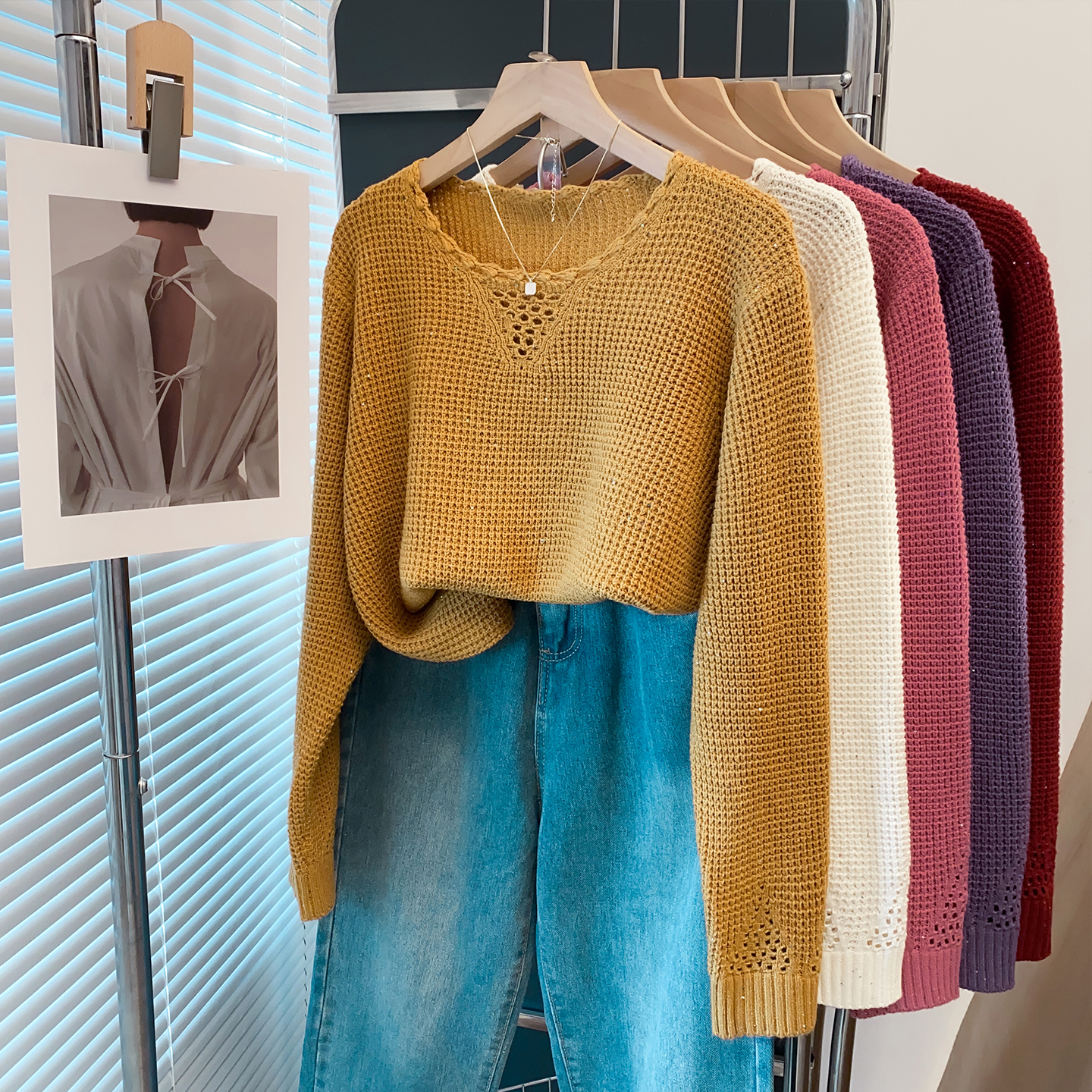 亮片钩花圆领毛衣女宽松打底衫潮