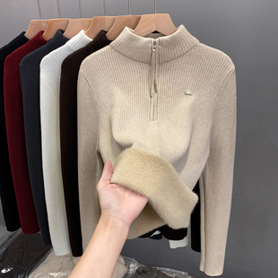 拉链一体绒半高领毛衣女加绒加厚打底衫2025秋冬新款内搭针织上衣