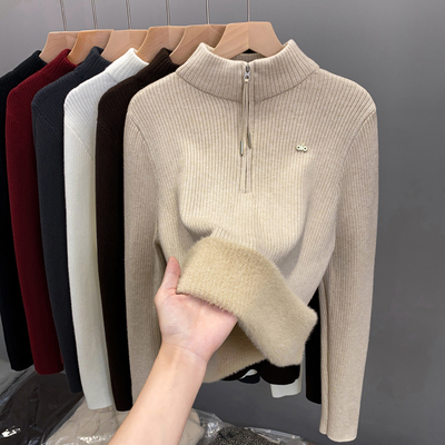 拉链一体绒半高领毛衣加绒打底衫