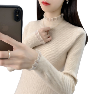 加绒半高领毛衣女加厚打底衫2025秋冬新款修身内搭上衣蕾丝针织衫