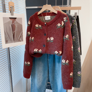 圆领毛衣外套女2026春秋冬新款宽松慵懒风外穿针织开衫内搭厚上衣