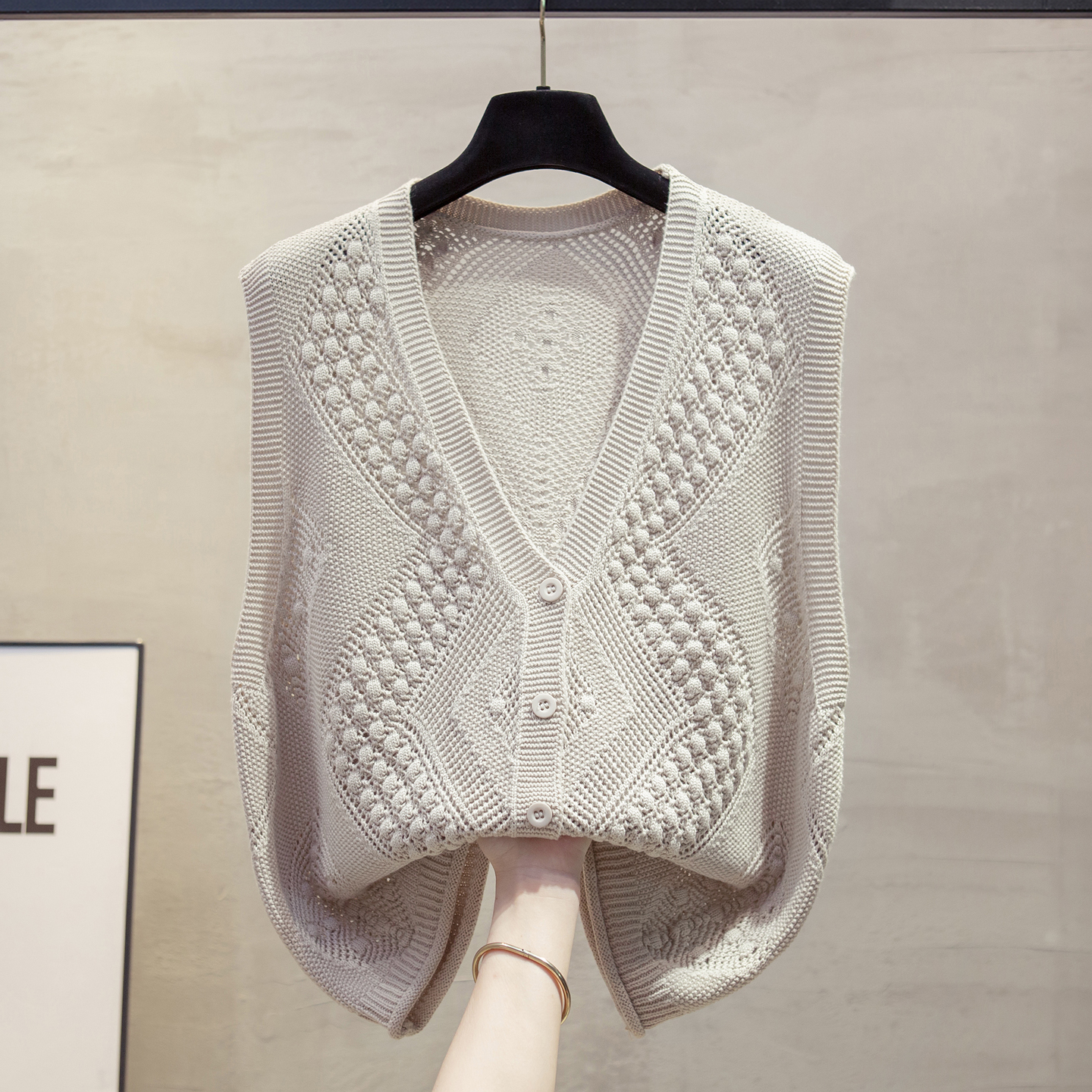 棉镂空v领开衫针织马甲背心坎肩