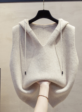 连帽针织马甲背心女2025秋冬新款宽松外穿马夹叠穿内搭毛衣坎肩