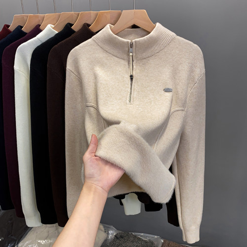 一体绒拉链半高领加绒打底毛衣女