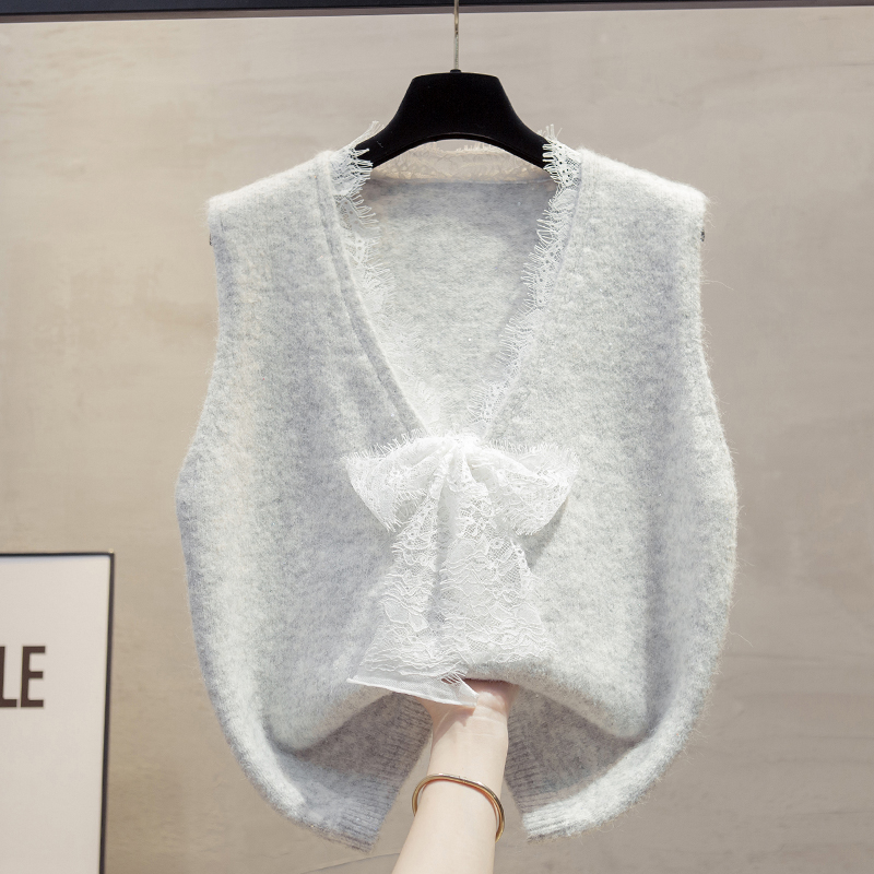 亮片v领蕾丝羊毛针织马甲背心潮