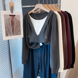 连帽假两件毛衣女套头2025秋冬新款宽松外穿针织衫内搭卫衣打底衫