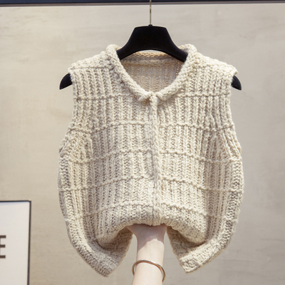 羊毛棒针开衫翻领针织马甲短坎肩
