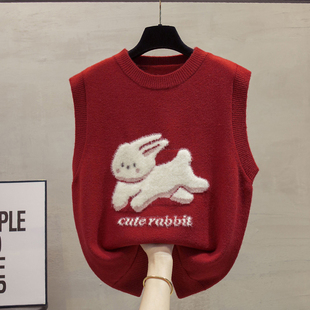 圆领红色针织马甲背心女2025秋冬新款 宽松外穿马夹叠穿毛衣坎肩潮