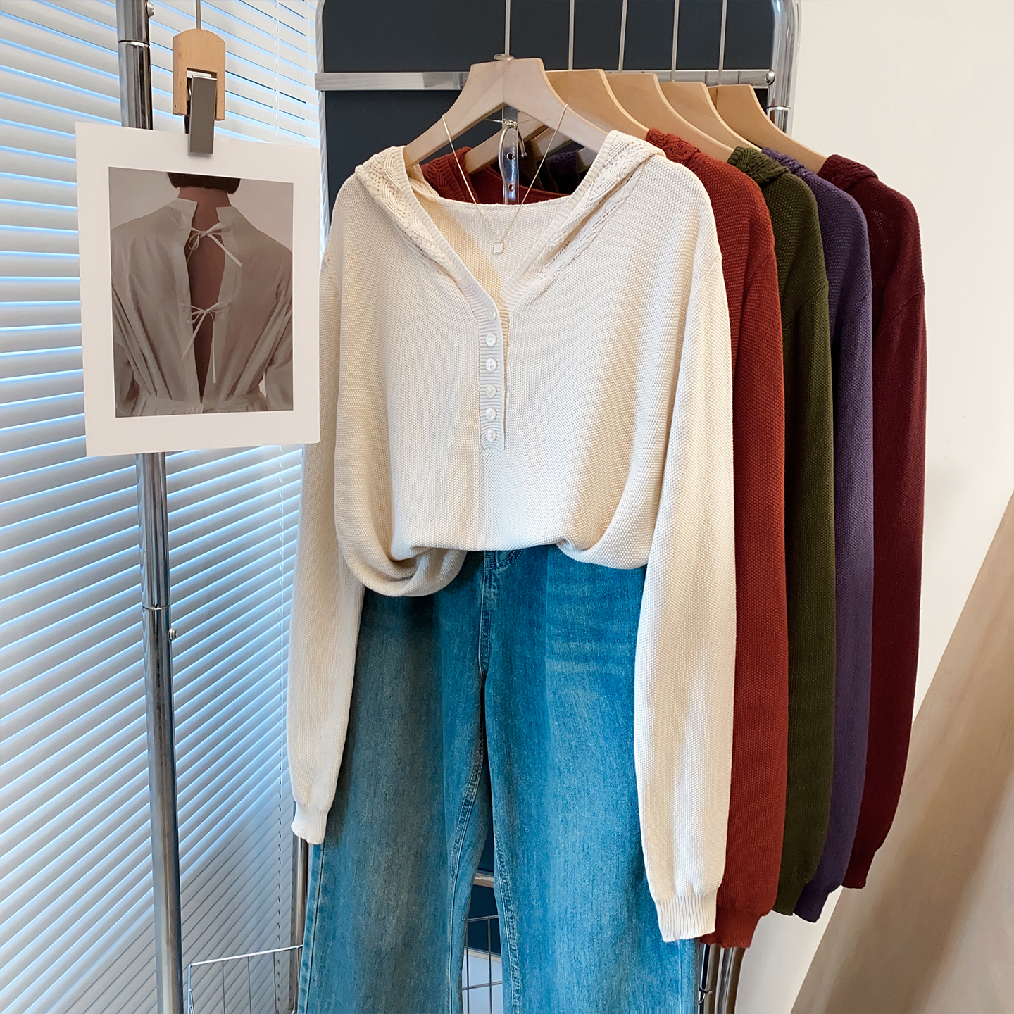 棉钩花连帽毛衣女宽松洋气针织衫