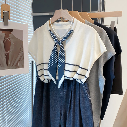 天丝亚麻v领条纹丝带针织衫薄T恤