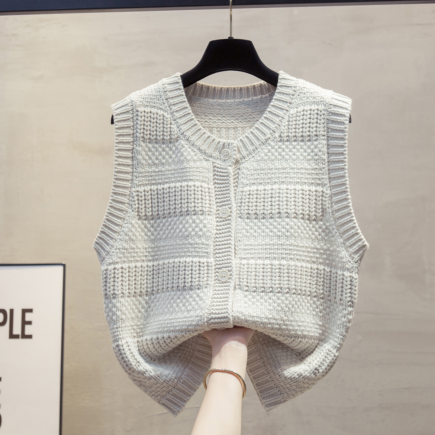 棉粗针圆领针织开衫宽松毛衣坎肩