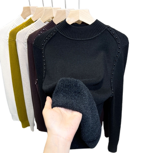加绒半高领毛衣女一体绒打底衫2025秋冬新款钉珠针织衫内搭厚上衣