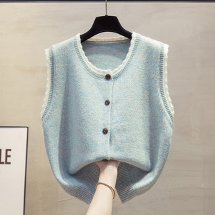 花纱圆领开衫针织马甲背心女2025秋冬新款宽松马夹叠穿毛衣坎肩潮