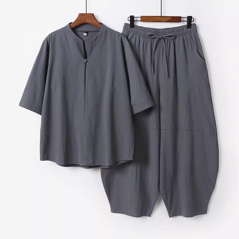 夏季棉麻男大码汉服灯笼裤套装