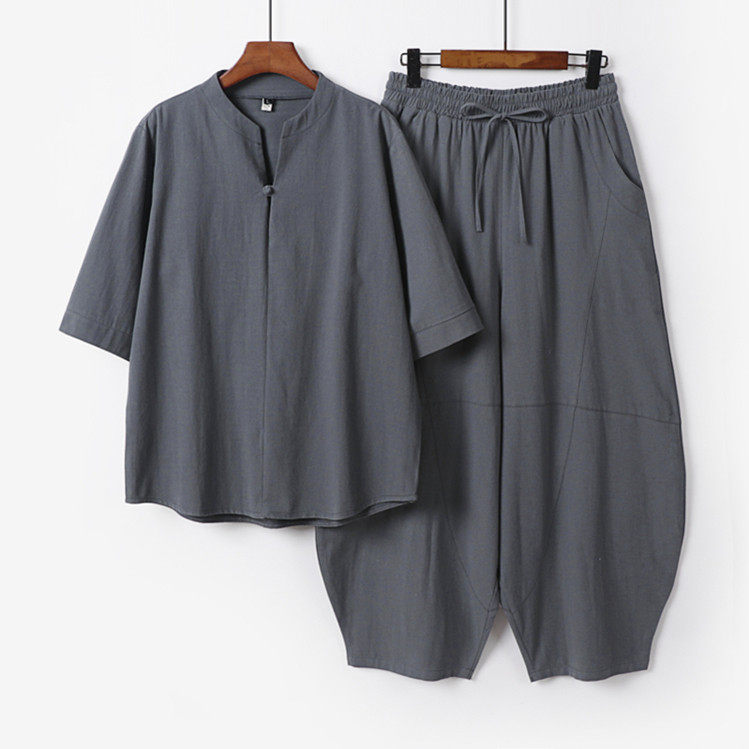 夏季大码男棉麻太极汉服套装