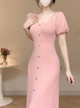 2023夏装新款甜辣妹短袖修身冰丝针织连衣裙女夏收腰显瘦A字裙子
