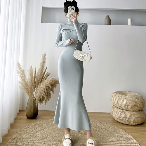 韩版鱼尾裙针织纯色开叉