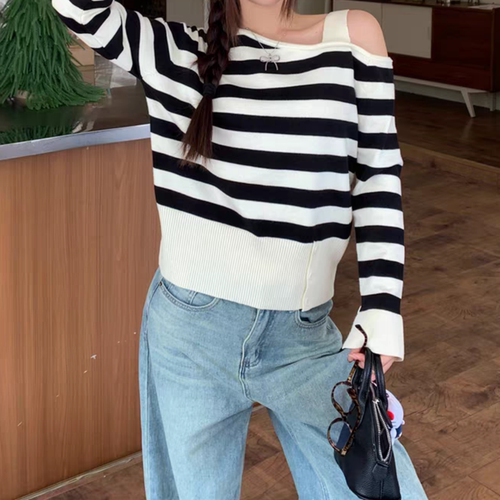 小众条纹露肩长袖女针织打底衫