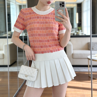韩系气质撞色领短袖 薄款 冰丝针织修身 减龄通勤上衣 T恤女圆领夏季
