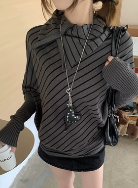 黑灰色针织衫女巨好看穿搭韩系蝙蝠袖宽松长袖毛衣上衣秋冬时尚