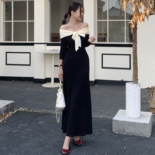 2025秋冬新款 针织连衣裙女收腰显瘦高级感长裙子 一字肩蝴蝶结长袖