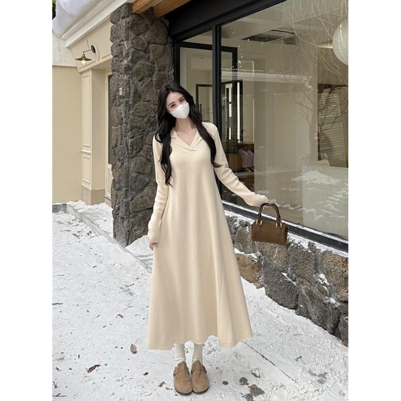 韩版A字裙针织纯色V领