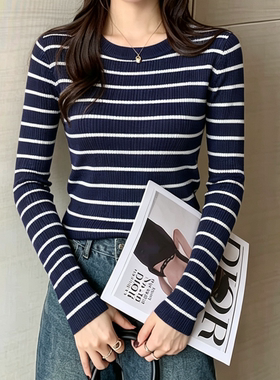 条纹圆领打底衫女装内搭针织上衣