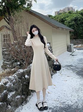 Amy的店外贸品质针织连衣裙半高领长袖内搭大码简约显瘦A字连衣裙